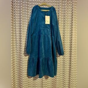 NWT ZARA Girls | Blue Corduroy Dress, Size 13-14
